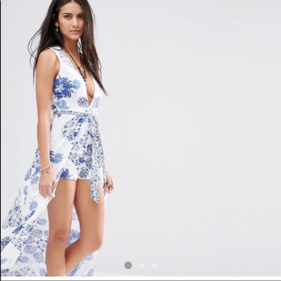 Missguided Pants - Missguided  plunge overlay playsuit White/blue
